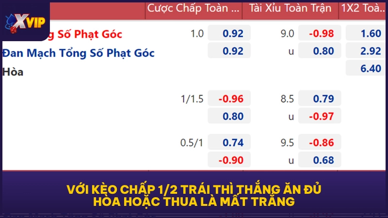 Với kèo chấp 1/2 trái thì thắng ăn đủ, hòa hoặc thua là mất trắng